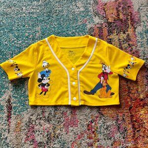 Disney Mickey & Friends Cropped Baseball Jersey – Yellow Button Front Graphic To